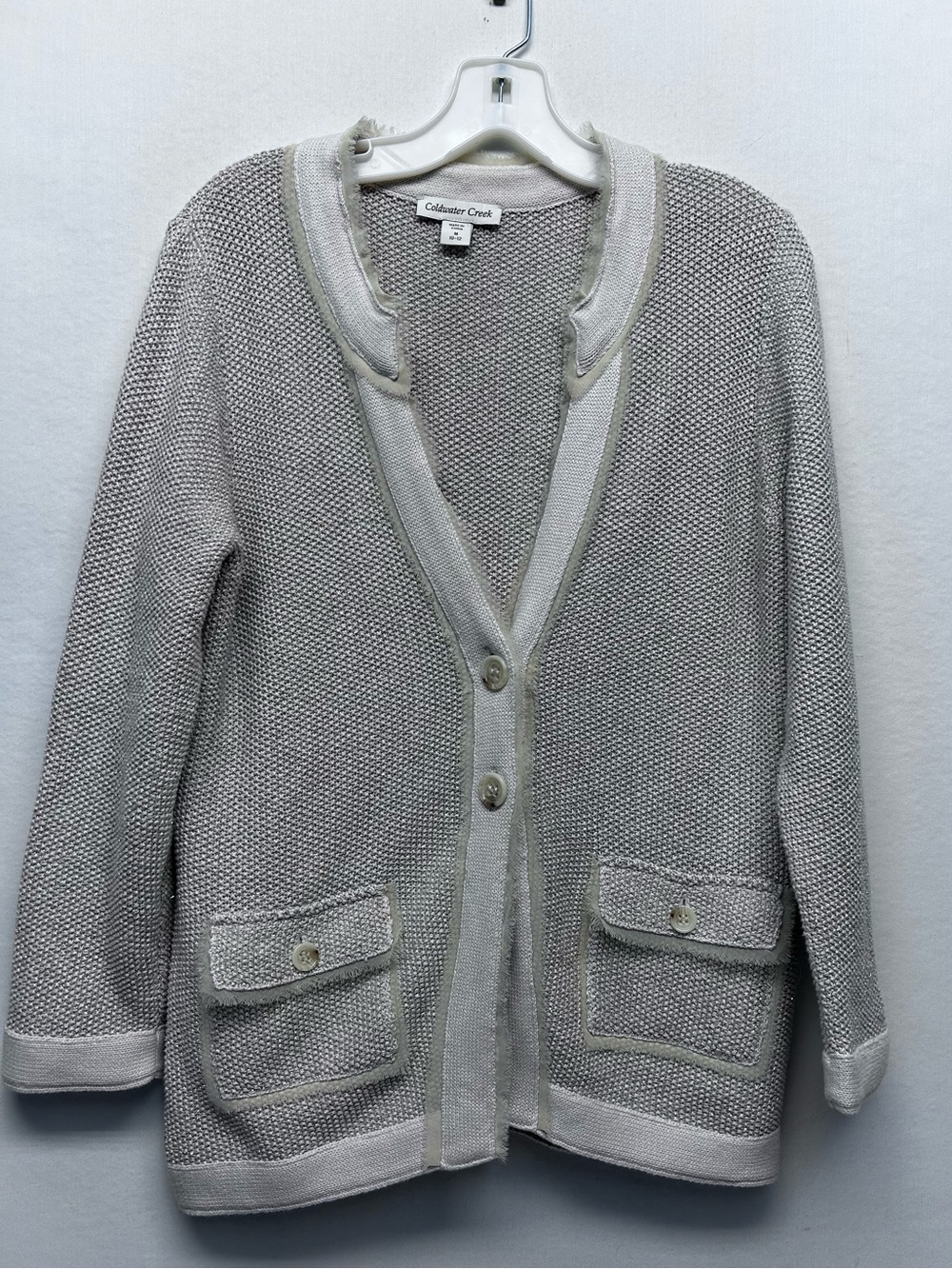 Coldwater Creek Women's gold thread  Cream Knit Cardigan Sweater